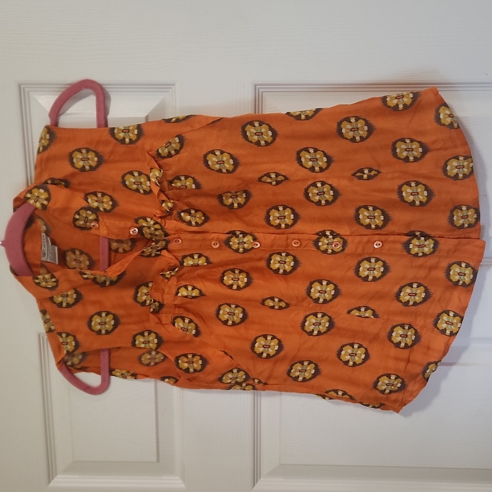 Worth Woman’s Blouse Orange Brown Silk Polka Dat Ikat Sleeveless